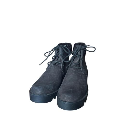 Eileen Fisher Kenille Black suede Genuine Shearling Trim Wedge Bootie size 5 - Picture 2 of 14